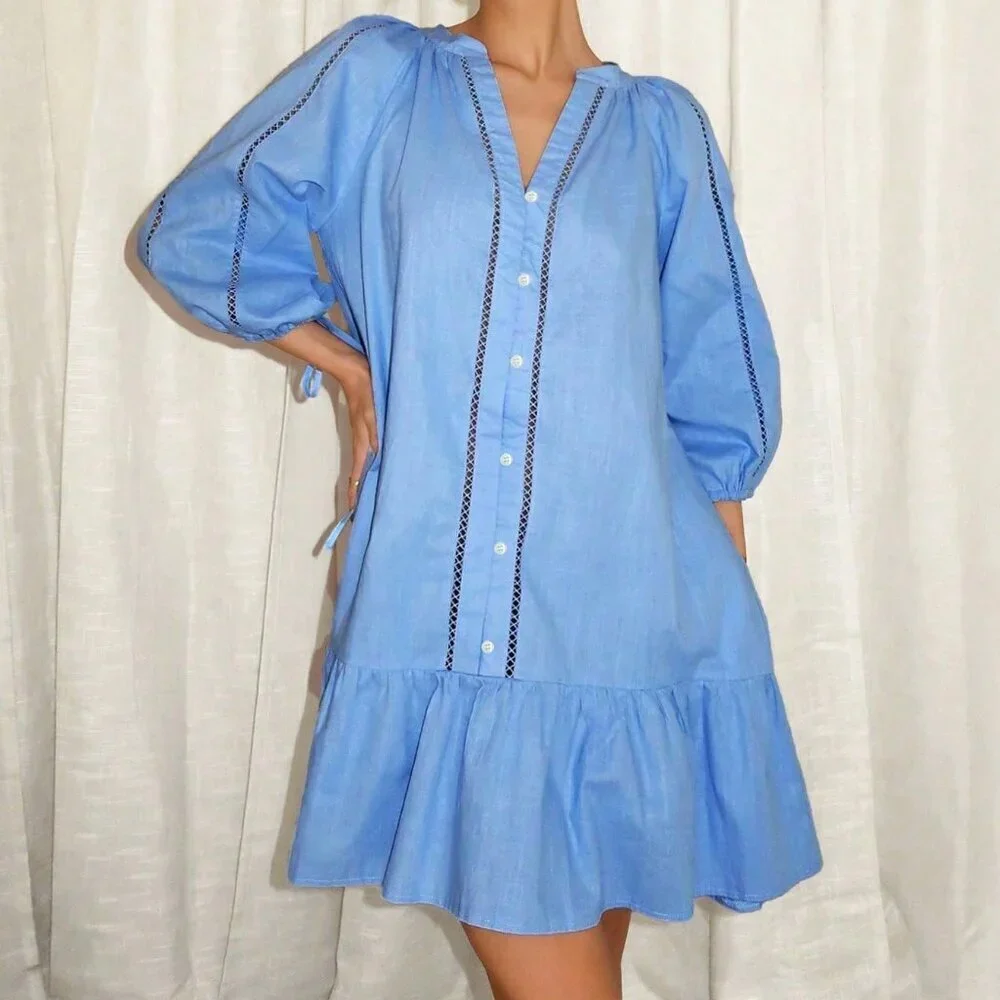 Baby Blue Cute Women's Summer Cotton Linen Ruffled Hem Dress - Picture 5 of 6
